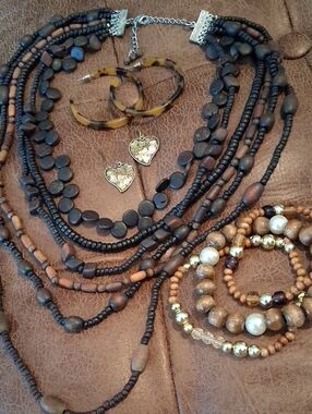 Boho Layered Wood Bead Necklace & Bracelet Set - Brown